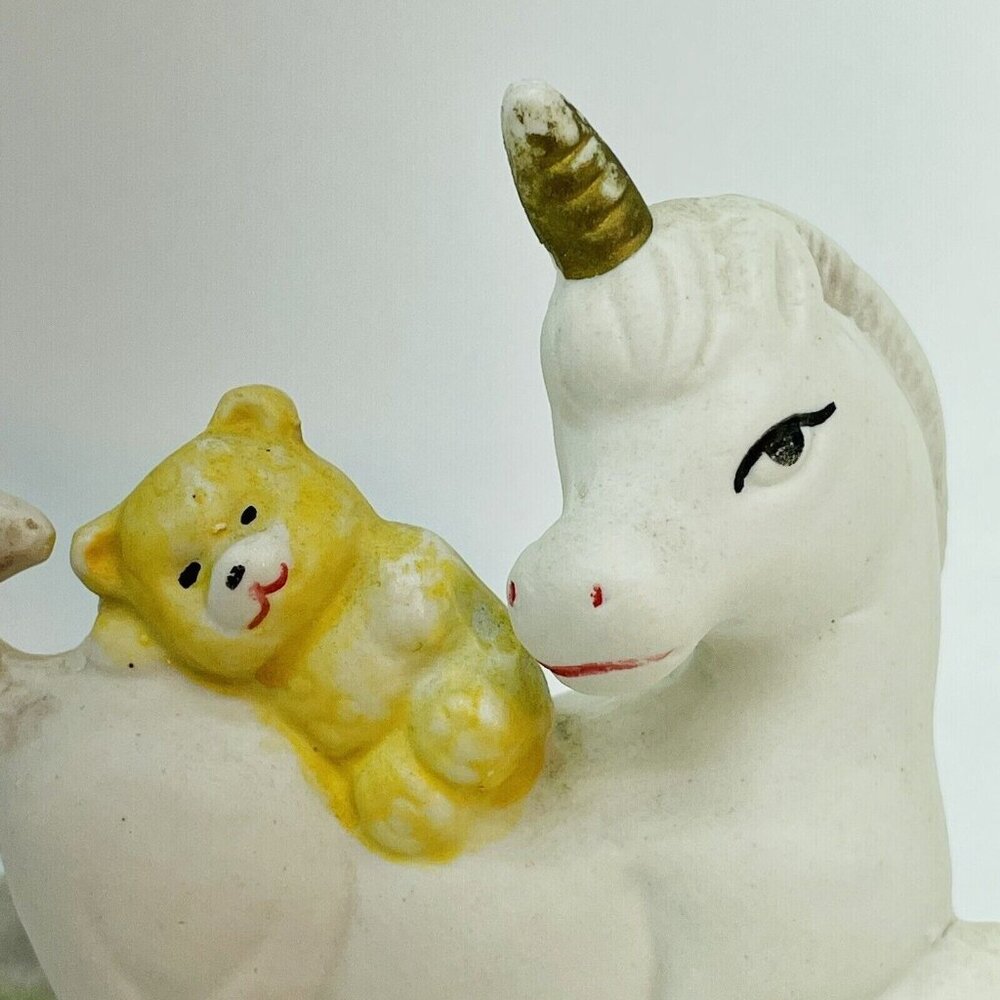 Whimsical Vintage Porcelain Figurine Yellow Teddy Bear Riding White Unicorn - Picture 2 of 9